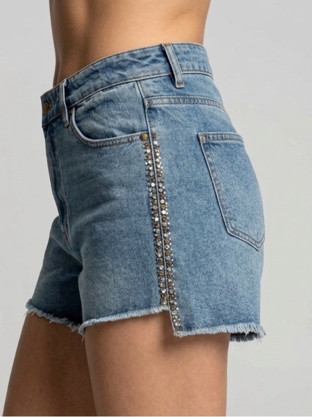 Rhinestone Side Stripe High Rise Distressed Denim Shorts 10 Festival Cowgirl